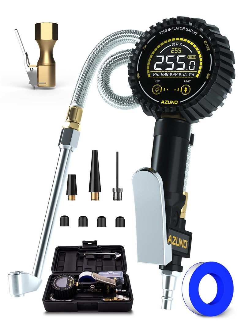 AZUNO Tire Pressure Gauge  255PSI Digital Tire Inflator Gauge Air Chuck Air Compressor Attachments  with Steel Braided Hose  Quick Connect Coupler&Carrying Case  for Truck/Car/SUV/RV/Bike - Image 1